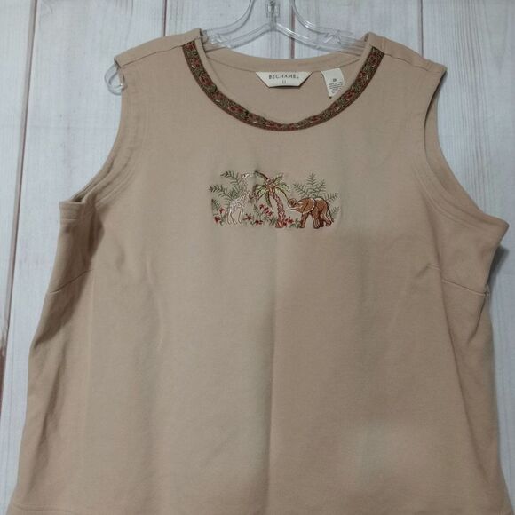 Bechamel Embroidered Tank‎ Top Giraffe Elephant Palm Tree Sleeveless - Picture 1 of 7